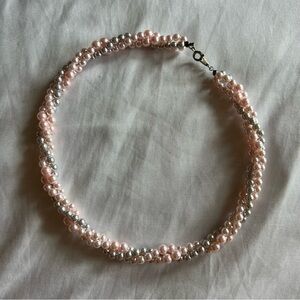 White Pink Faux Pearl Necklace 3 Strand 17 inch